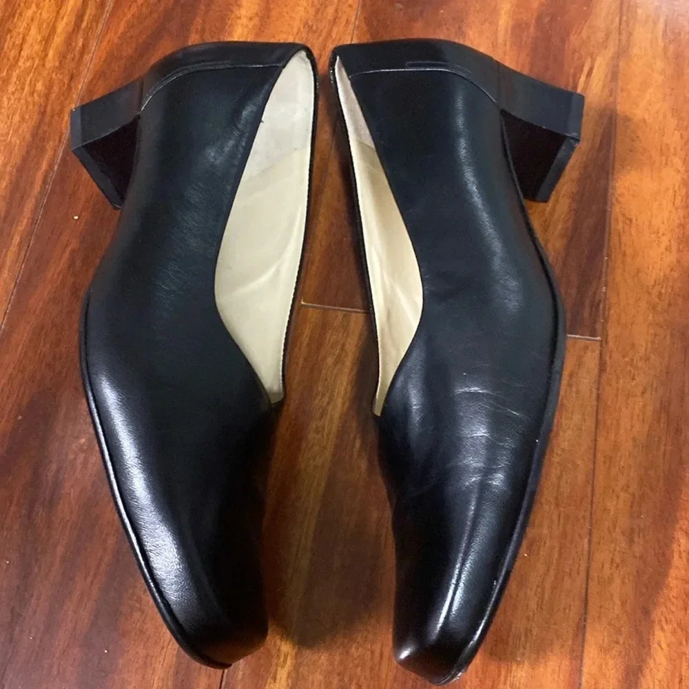 Vintage Black Leather Chunky Heeled Loafers Block Heels HASSIA Uk 4.5 G